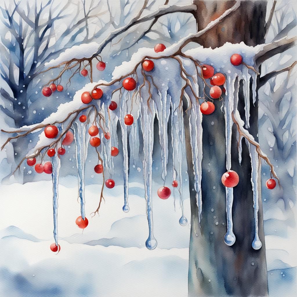 Winter Tree with Berries Watercolor Painting