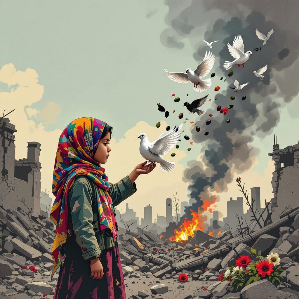 Girl with Dove: Hope Amidst Ruins, Banksy-Style