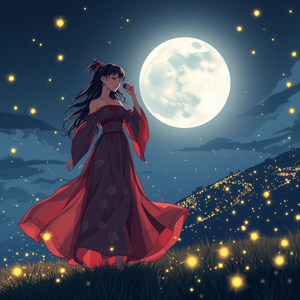 Singer Surrounded by Fireflies in Manga Style