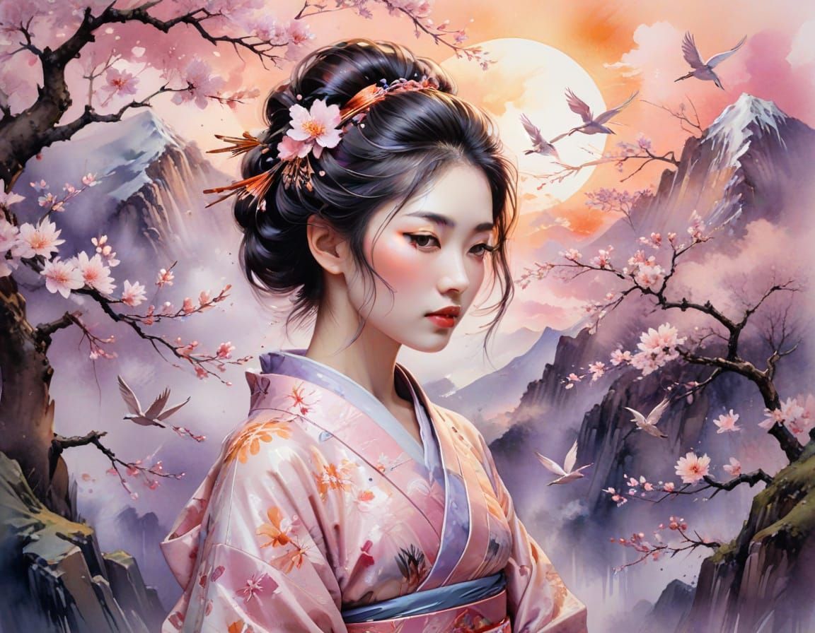 Geisha in Kimono at Sunset: Ethereal Watercolor Oil Fusion