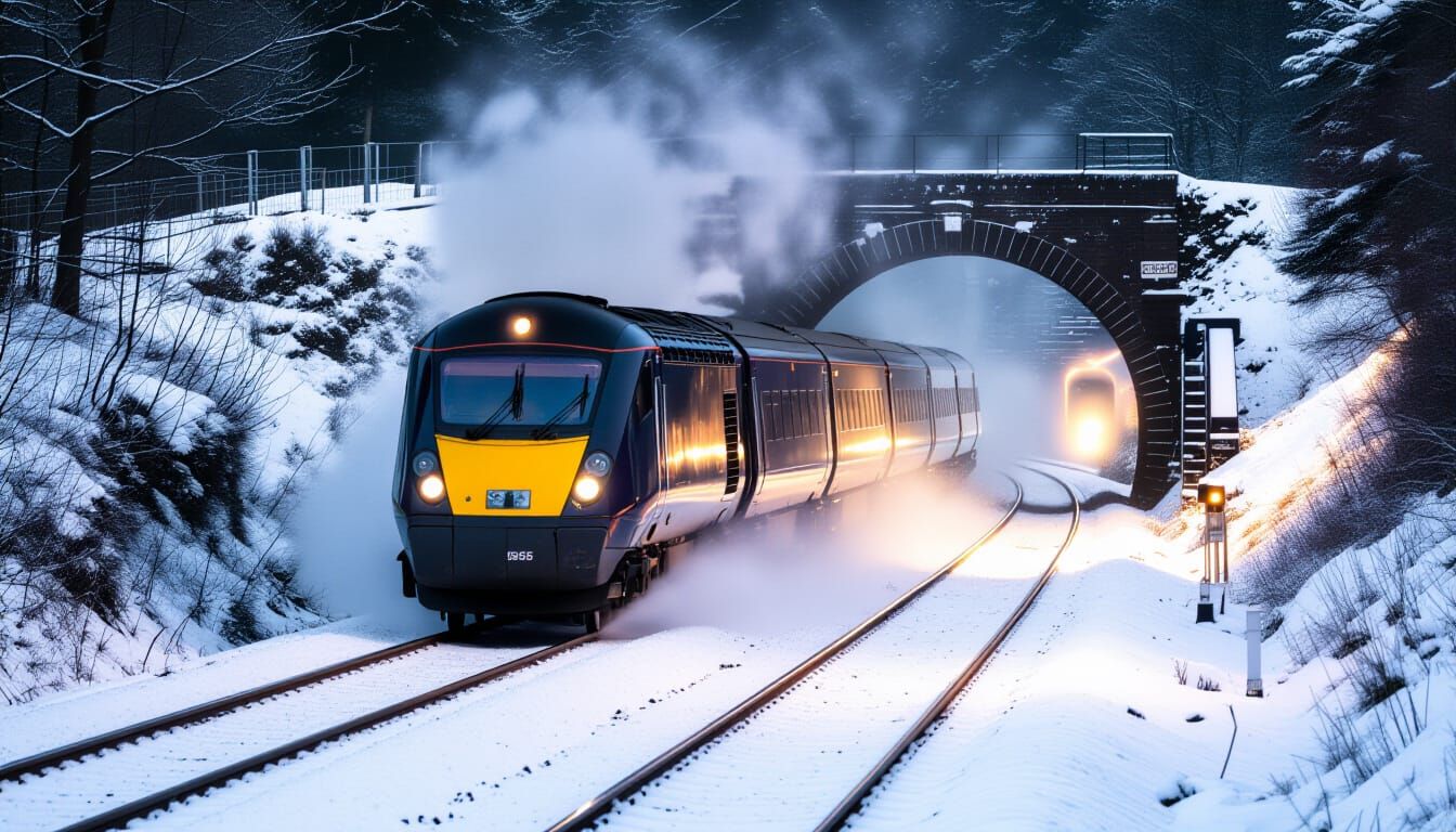 Snowy Twilight Train Journey Through a Cutting