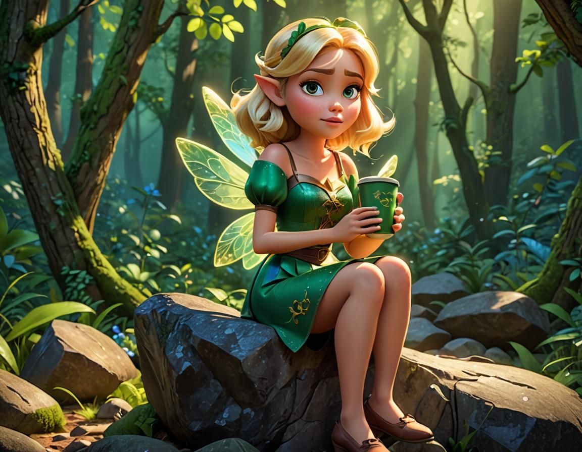 Grumpy Fairy with Coffee: Pixar-Style Digital Art
