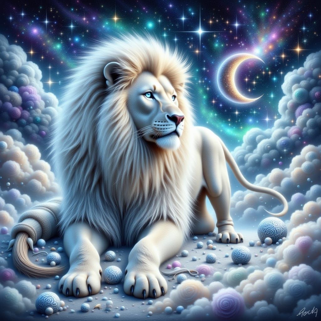 Majestic White Lion in Dreamlike Zodiac Scene