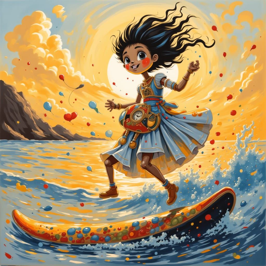 Woman Surfboarding at Sunset in Whimsical Style