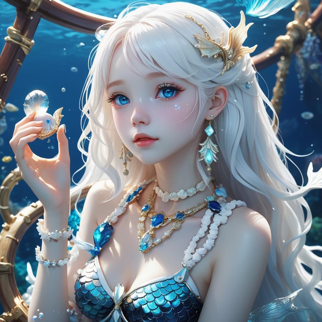 Albino Mermaid in Abandoned Ship: 3D Anime Art