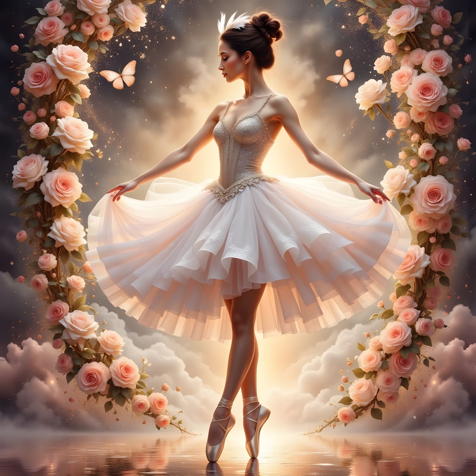 Whimsical Ballerina in Glittering Tutu with Rose Background