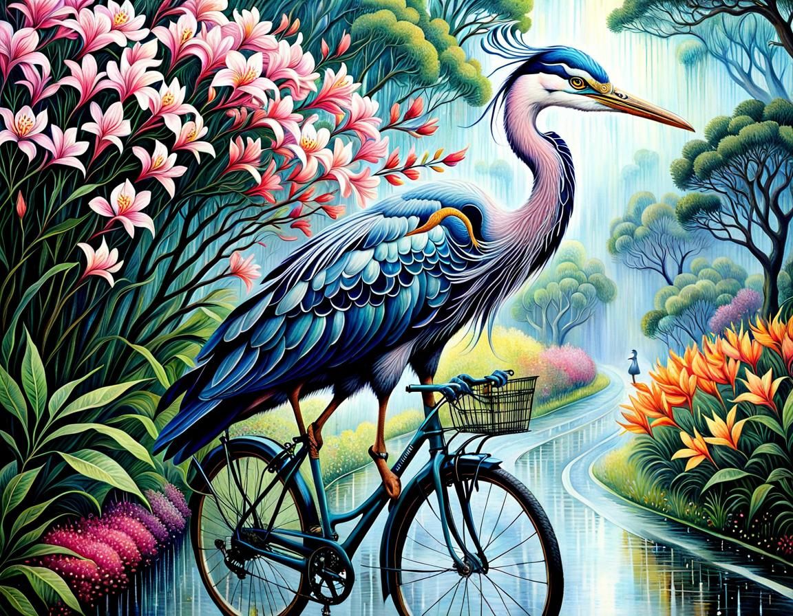 Heron Rides Bike in Pop Surrealist Fantasy Art