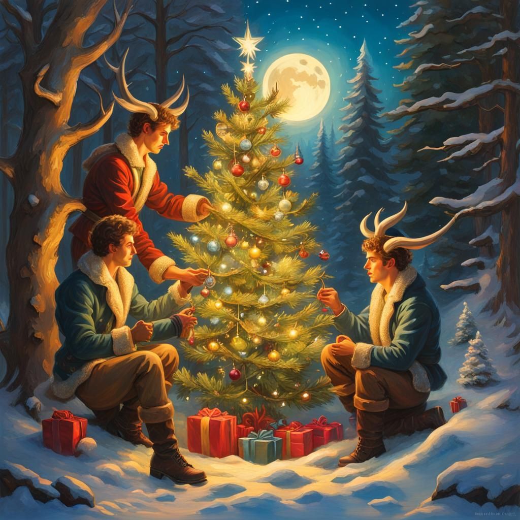 Two fauns and a friend celebrate Christmas