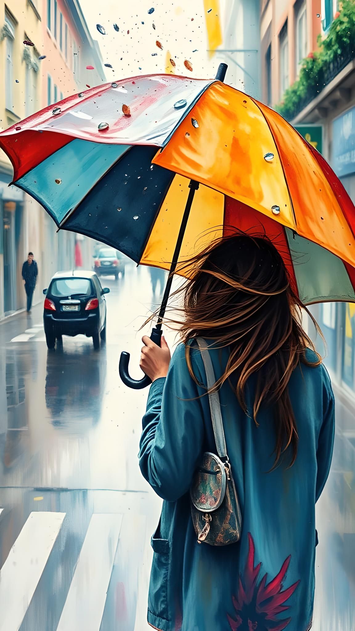 Person with Umbrella in Impressionist Watercolor Gouache