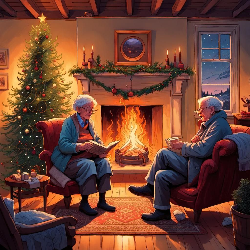Cozy Christmas Evening by Fire: Comic Book Art