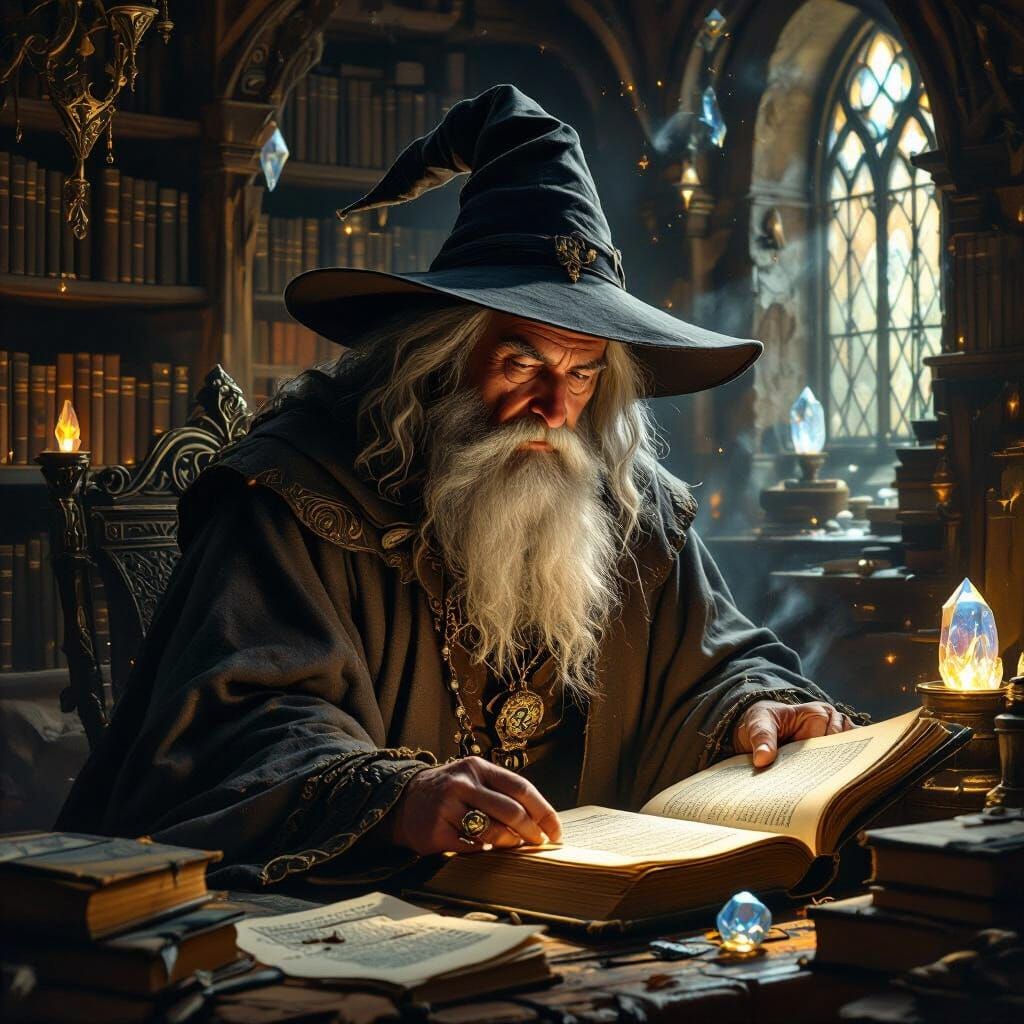 Mystical Wizard Studying Ancient Texts in Ethereal Light