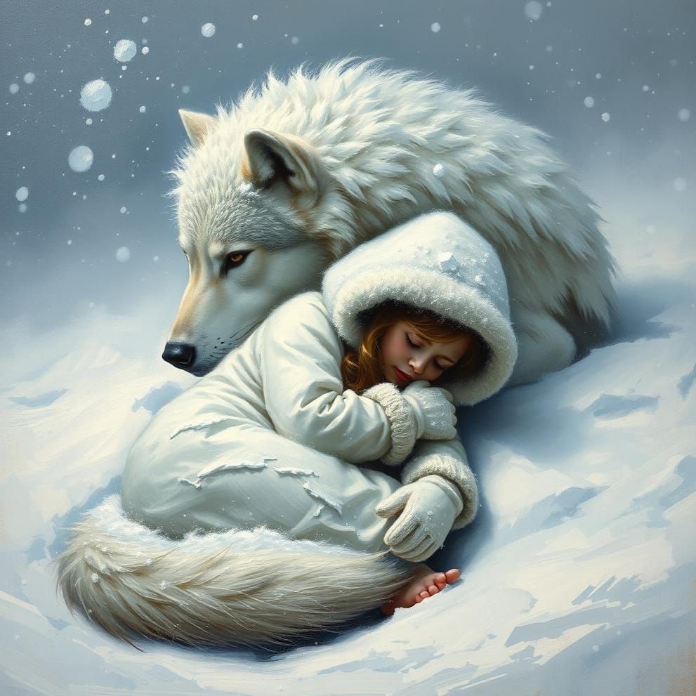Girl and Wolf in Blizzard: An Oil Painting