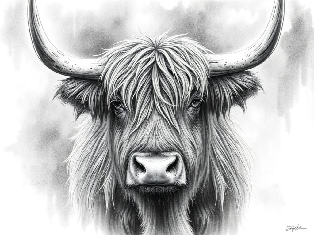 Highland Bull in Rackham-Style Charcoal Drawing