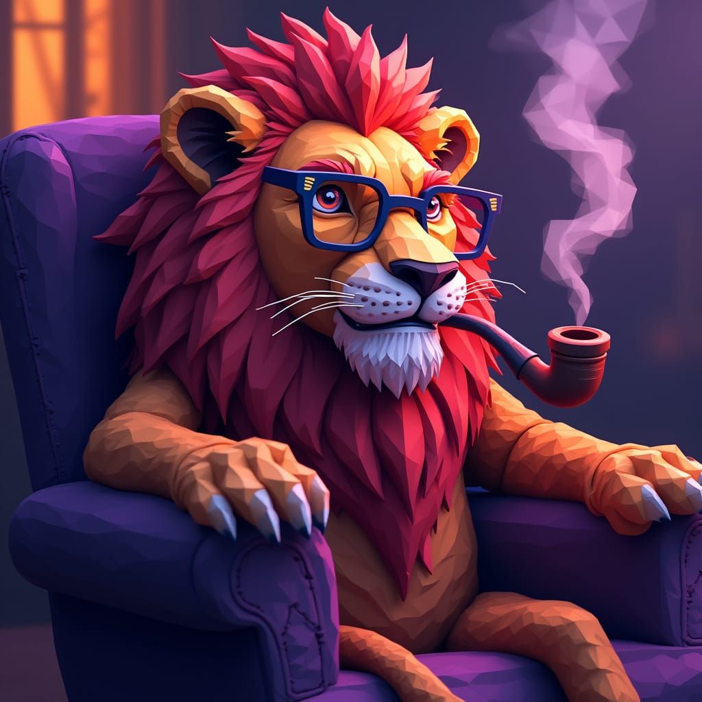 Regal Lion in Vibrant Purple Armchair Smokes Pipe