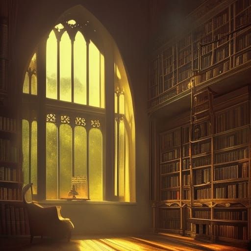 Gothic Attic Library Scene in Radiant Sunlight
