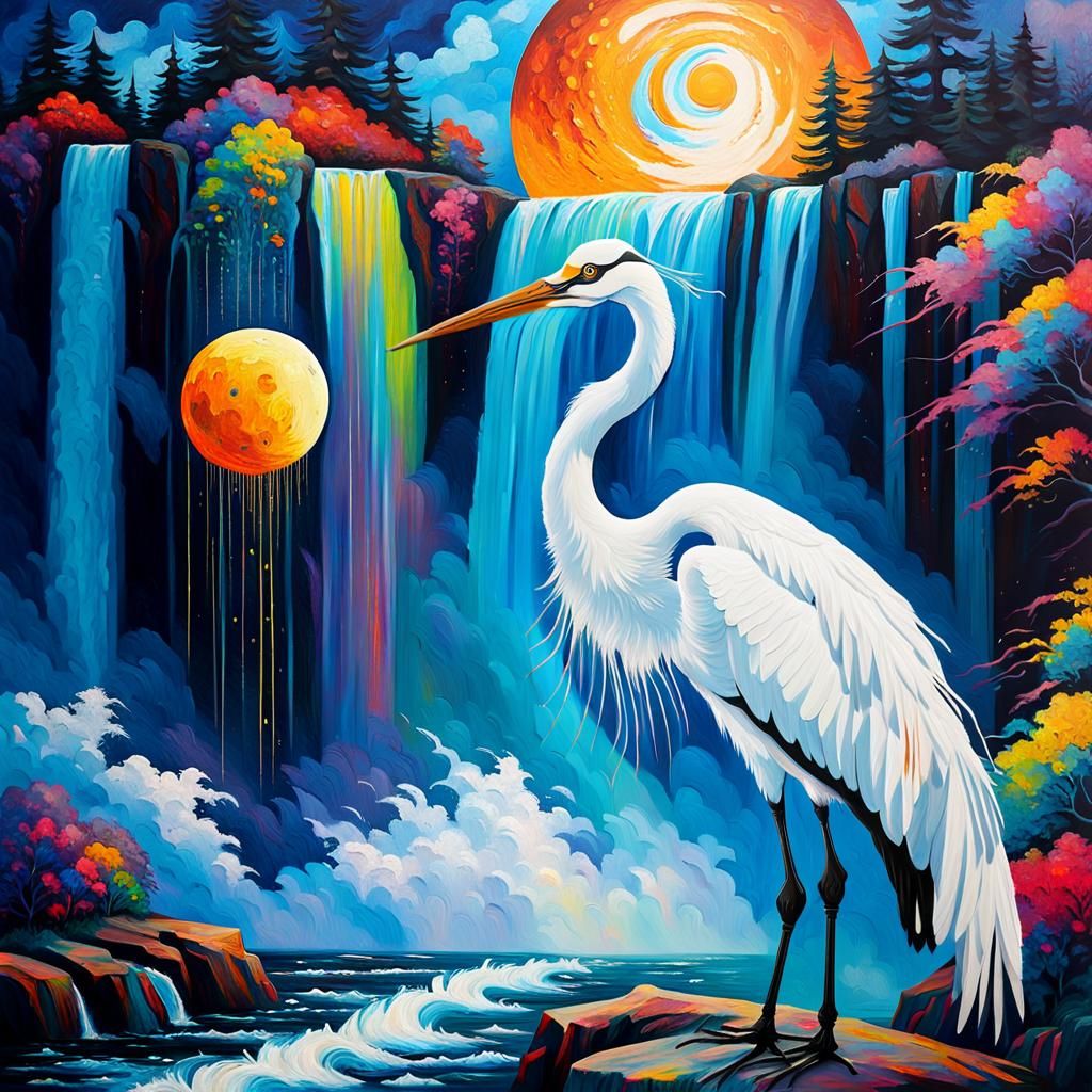 A white crane, A water Fall, an alien moon with iridescent c...