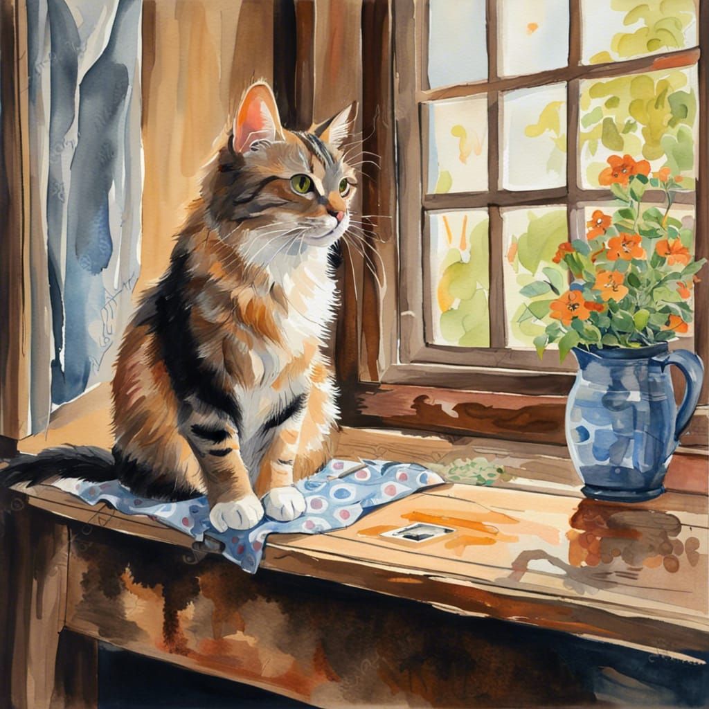 Cat by Window: Watercolor Impressionist Gouache Painting