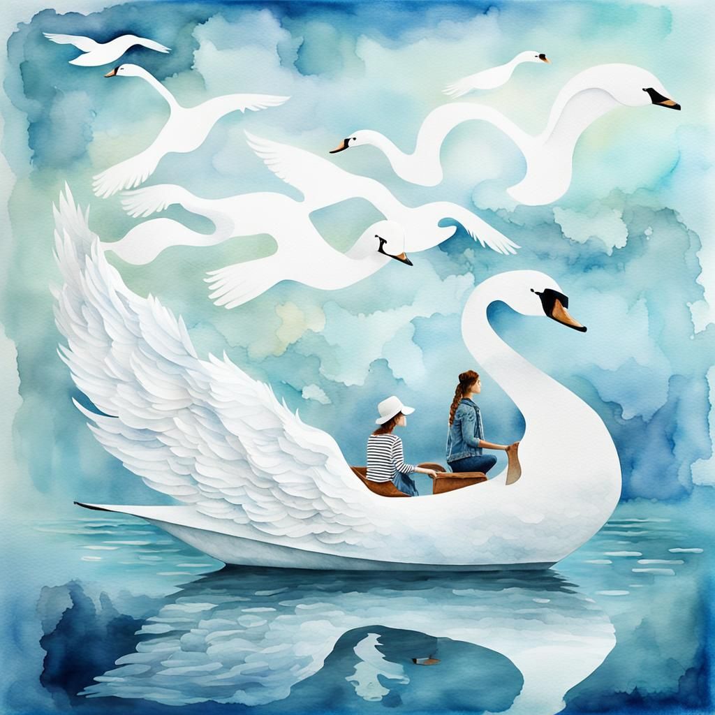 Fantasy Swan Boat Watercolor in Boulet Style