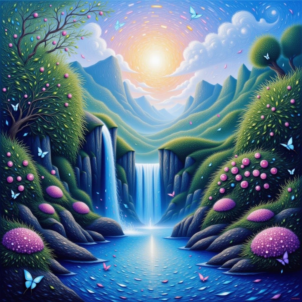 Ethereal Secret Garden with Swirling Clouds in Anime Style