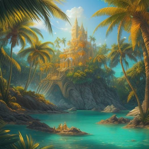 Fantastical Elf on Coconut Island in Whimsical Style