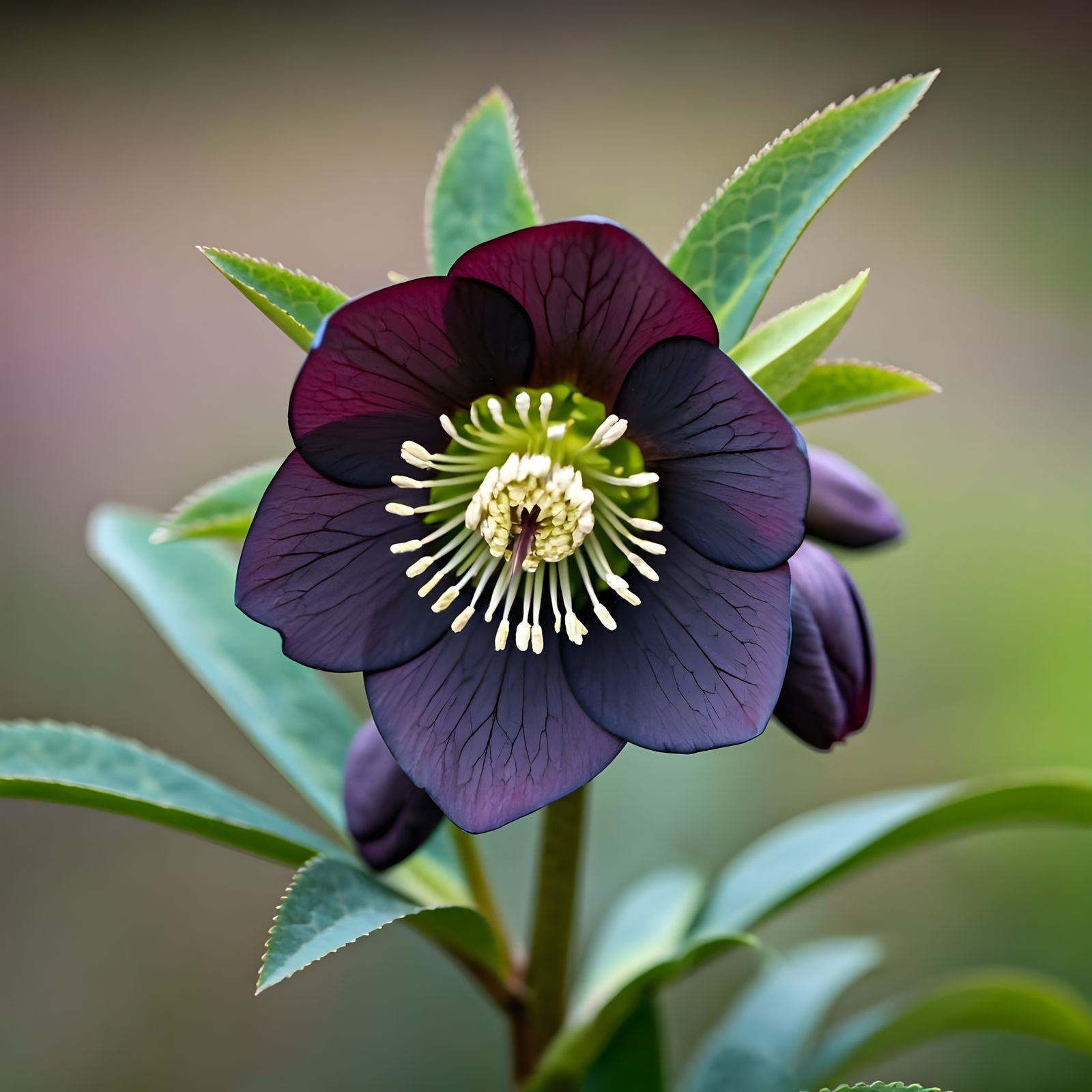 Photorealistic Black Hellebore Blooms in Winter Garden