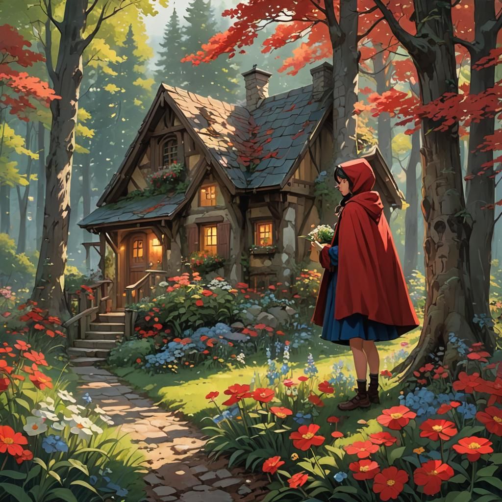 Anime Girl in Red Cloak at Cottage