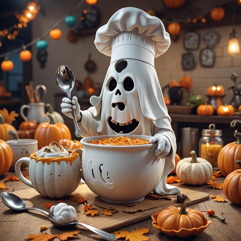 Ghost Chef in Mug: 3D Toon-Shaded Halloween Art