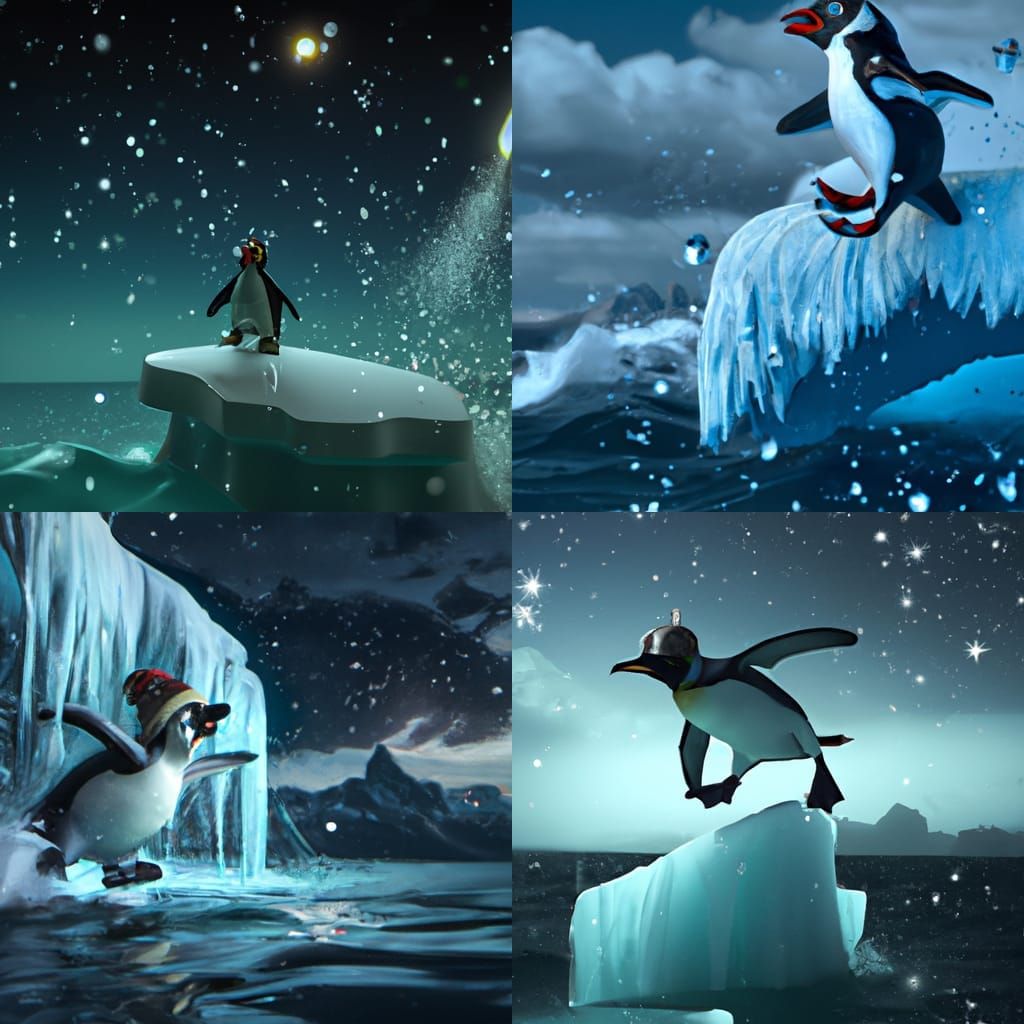 Penguin's Icy Leap: Stormy Seas in Bauhaus Style