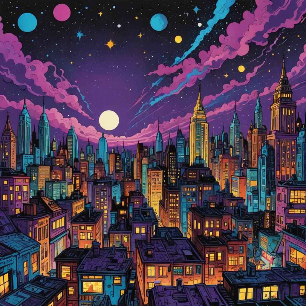 Psychedelic Cityscape with Starry Night Sky