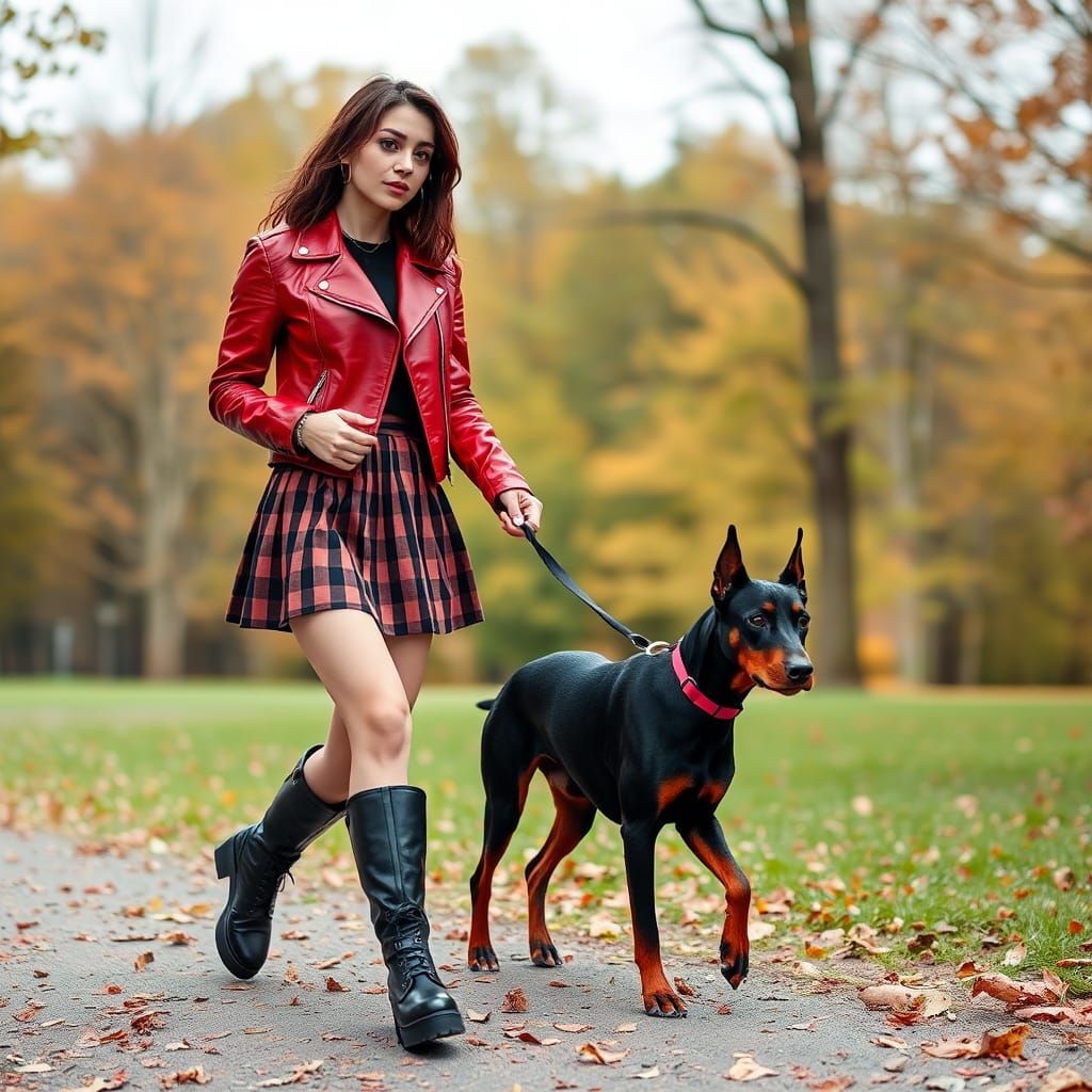 Punk Woman and Doberman in Autumn Park