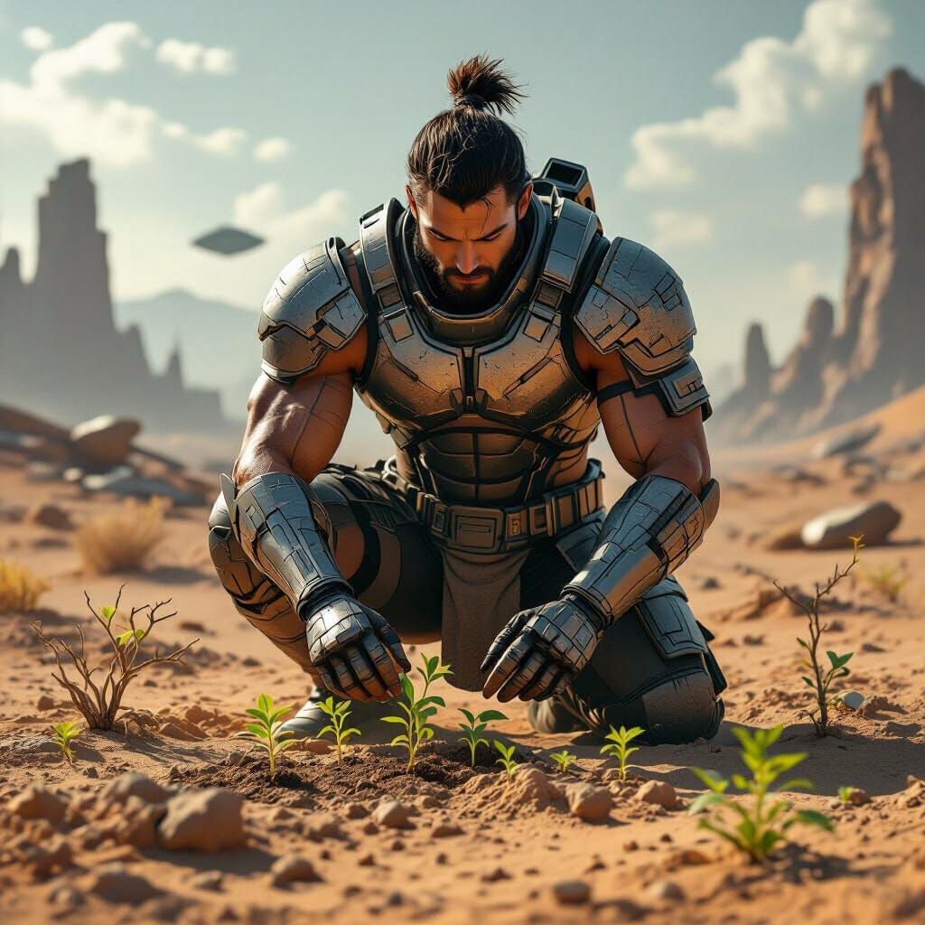 Samurai Tends Seedlings in Futuristic Wasteland