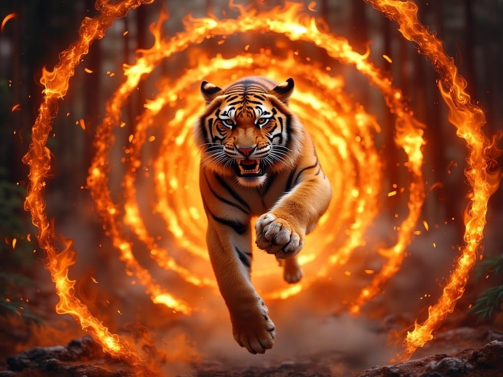Bengal Tiger Leaping through Fiery Portal