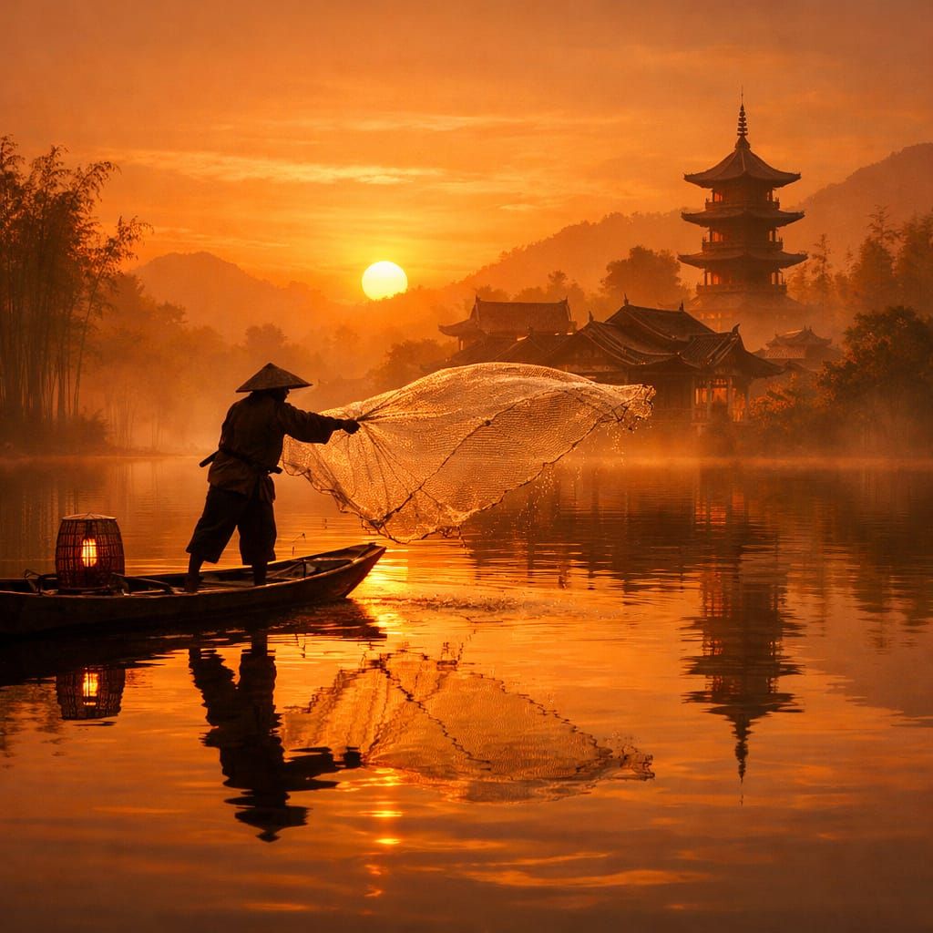 Fisherman Casting Net on Golden Water at Sunset