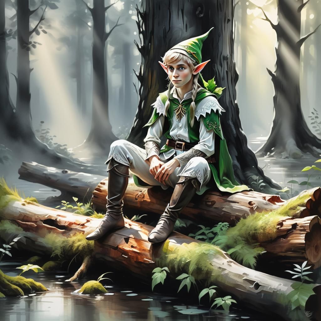 Fantasy Elf in Forest: Watercolor Charcoal Art