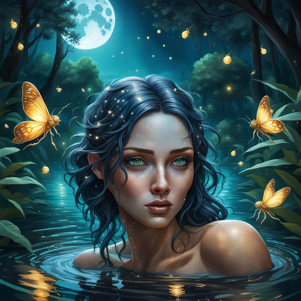 Nymph Bathing in Moonlit Pool: Hyperrealistic Splash Art