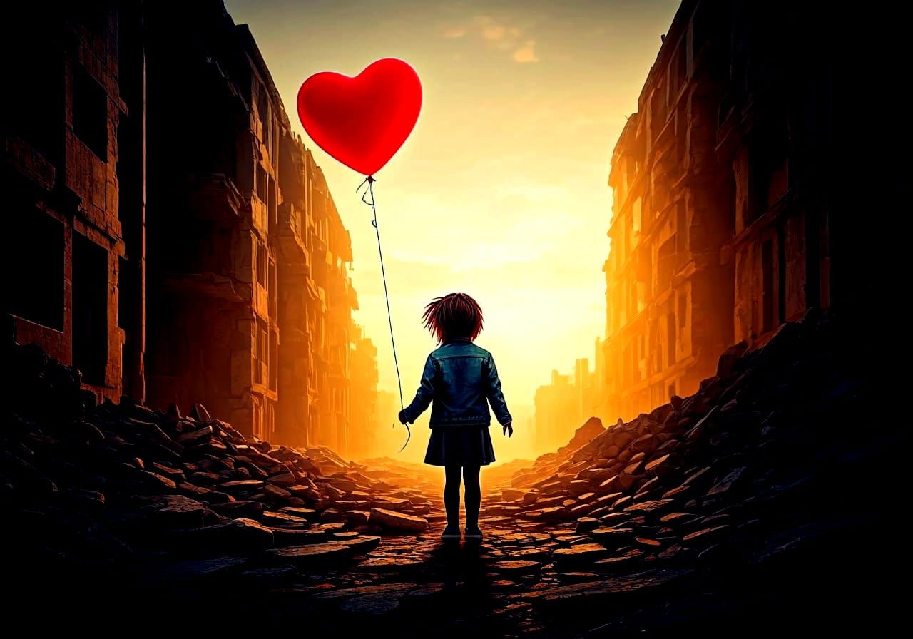 Hopeful Girl with Red Balloon in Ruined City