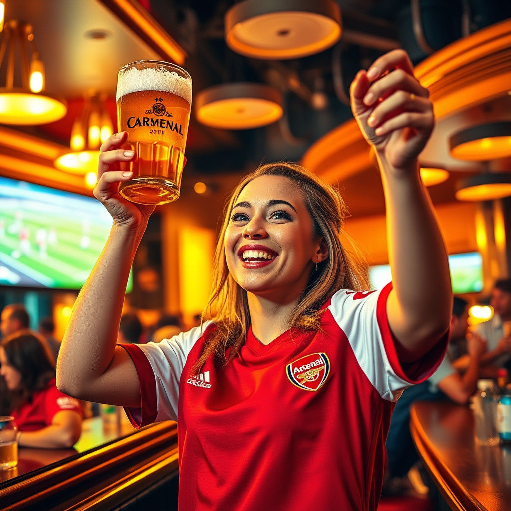 Woman Cheers in Arsenal Jersey, Peter Max Style