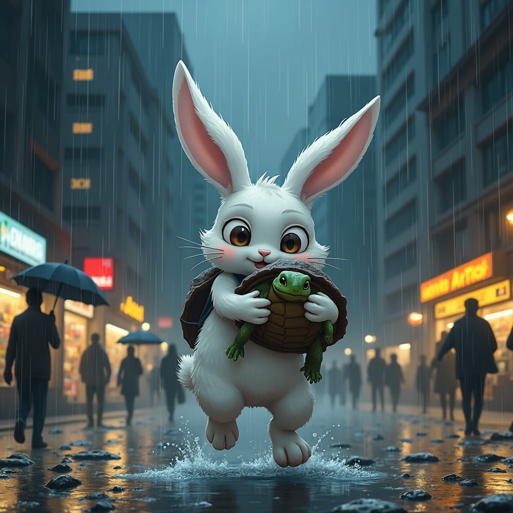 Concerned White Rabbit Rushes Through Rainy City Streets