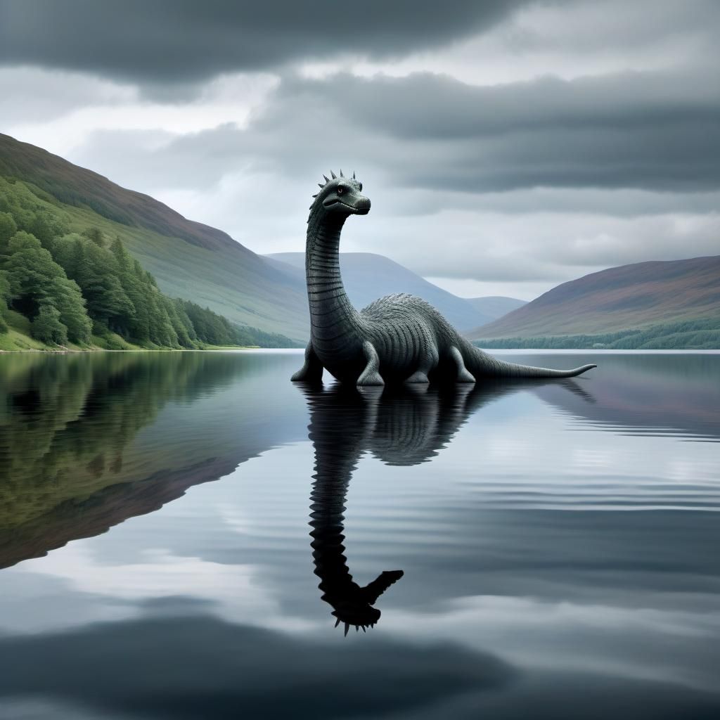 Loch Ness Monster Gazes at Reflection