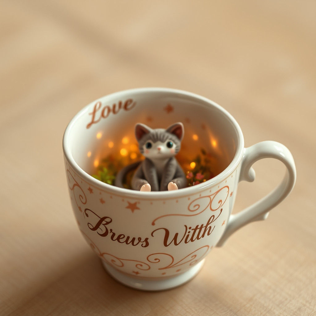 Cat Couple Doll in Coffee Cup, Fantasy Art