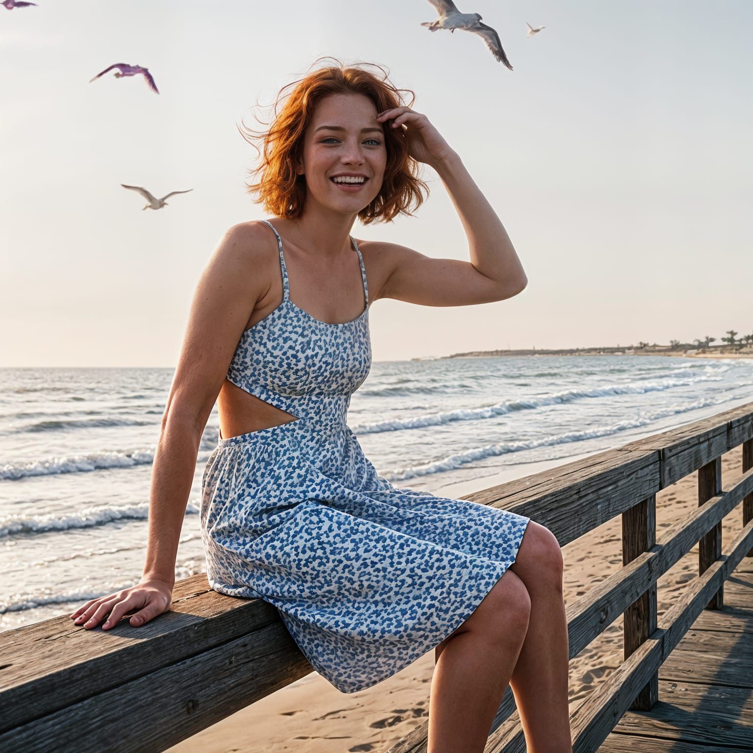 Laughing Redhead on Breezy Boardwalk at Sunset