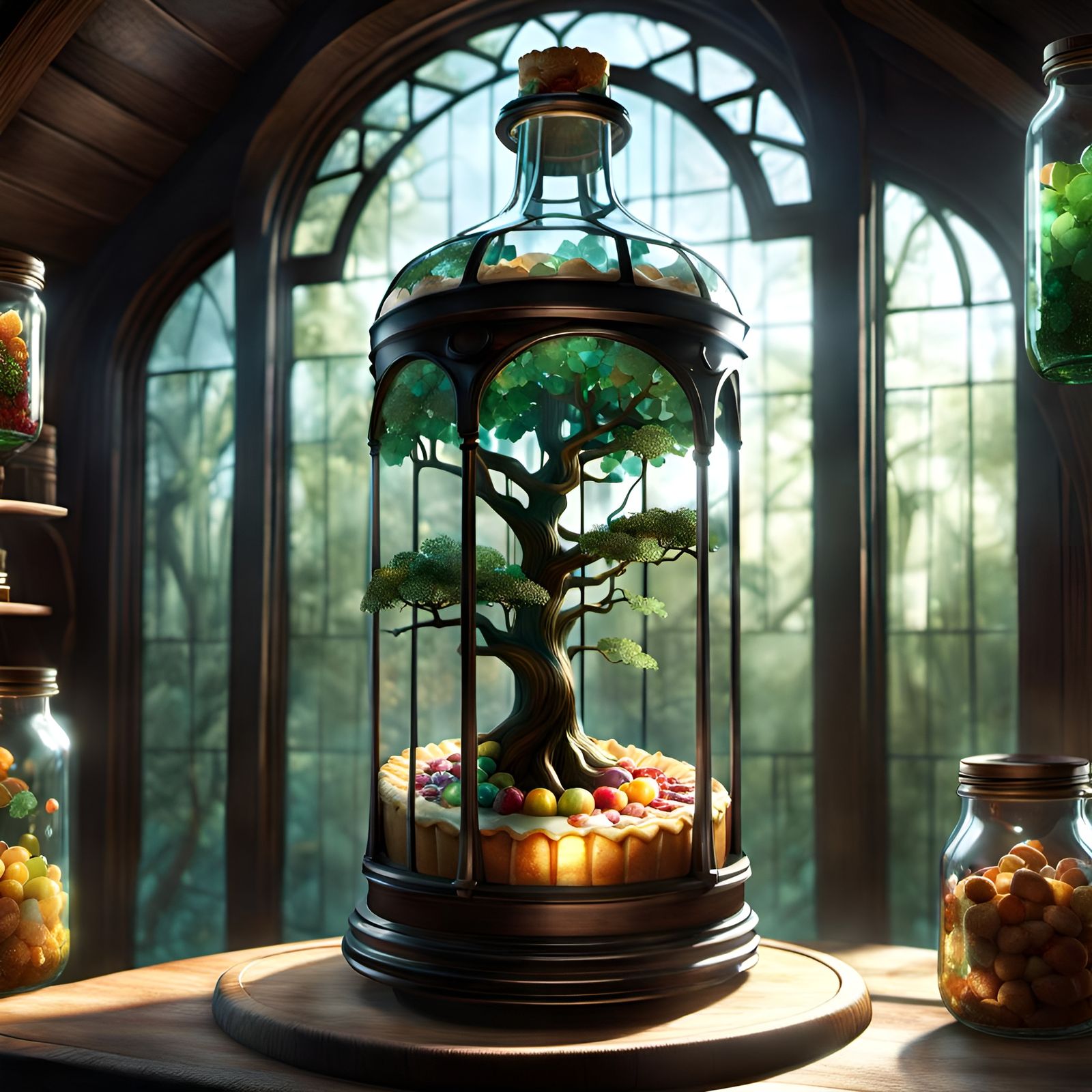 Pie Treehouse in Stained Glass Bottle: Detailed Digital Art