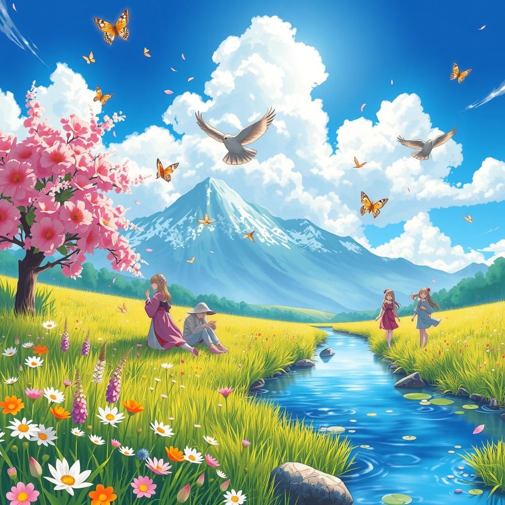 Idyllic Anime Characters in Sun-Kissed Meadow