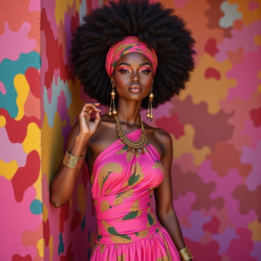 African Woman in Pink Camouflage Sari, Hyperrealistic Style