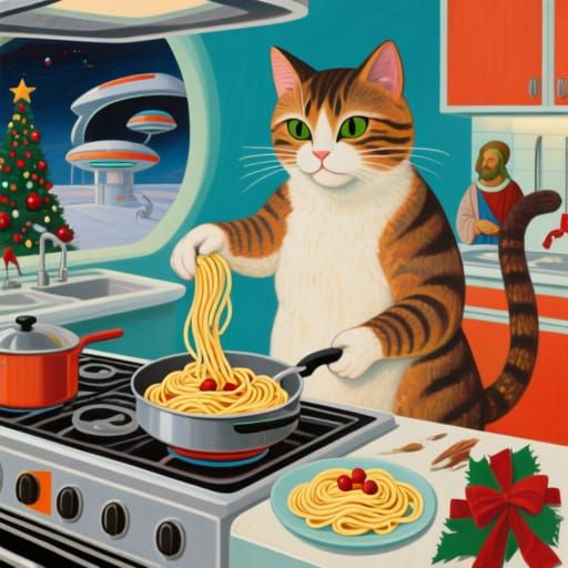 Cat Chef Cooks Pasta in Retro-Futuristic 80s Kitchen
