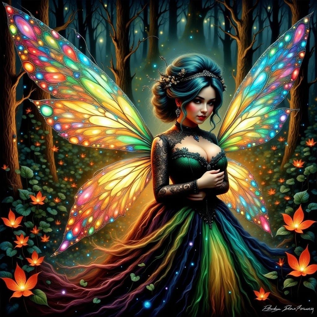 Chubby Fairy with Bioluminescent Wings in Enchanted Forest