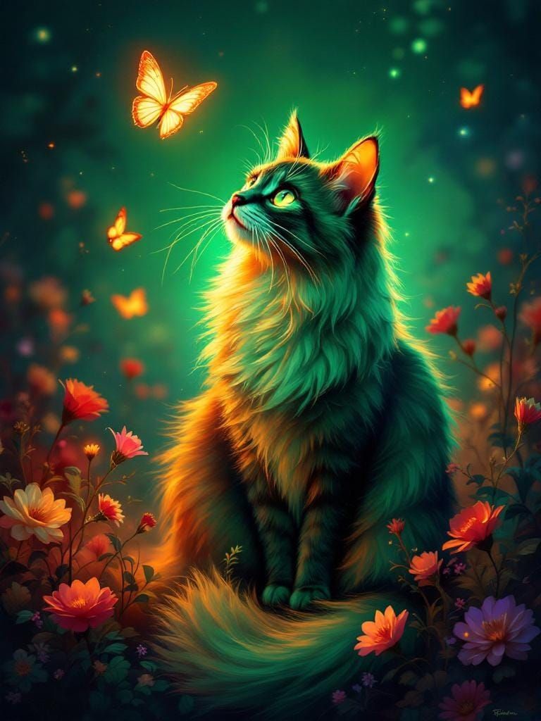 Neon Cat with Butterfly in Digital Oil Painting