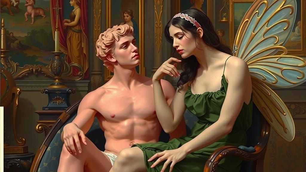 Victorian Fairy Woman Holding Adonis Statue in Ornate Room