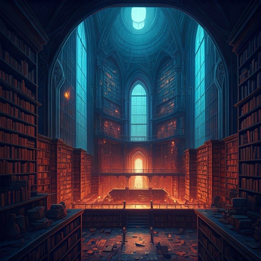 Majestic Futuristic Library in Vibrant Iridescent Hues