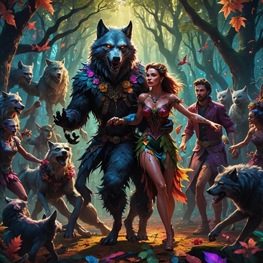 Mystical Forest Dance with Wolfman in Fantasy Art